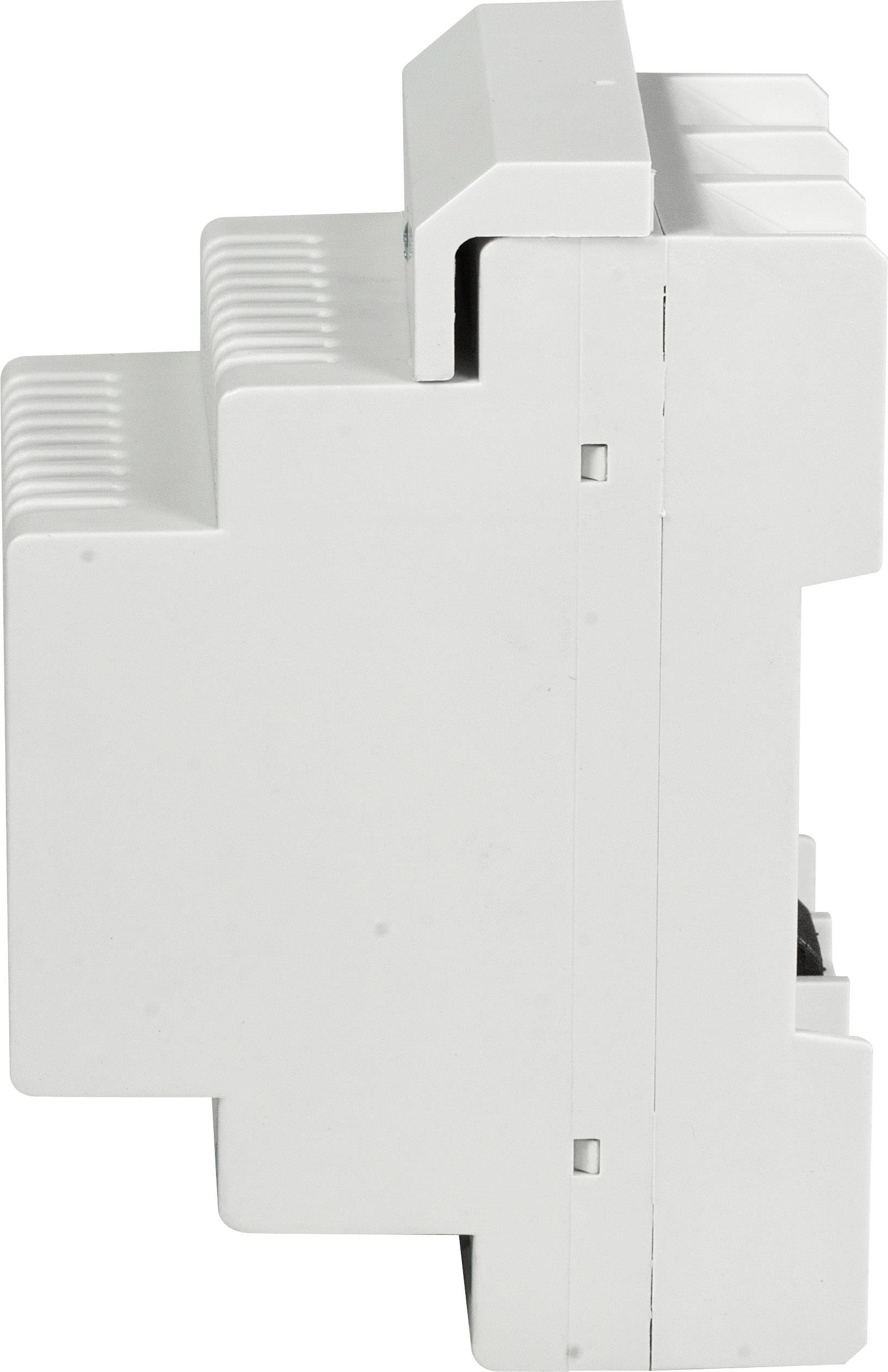 Side view of a white, modular electrical plug-in device, likely for mounting on a DIN rail.