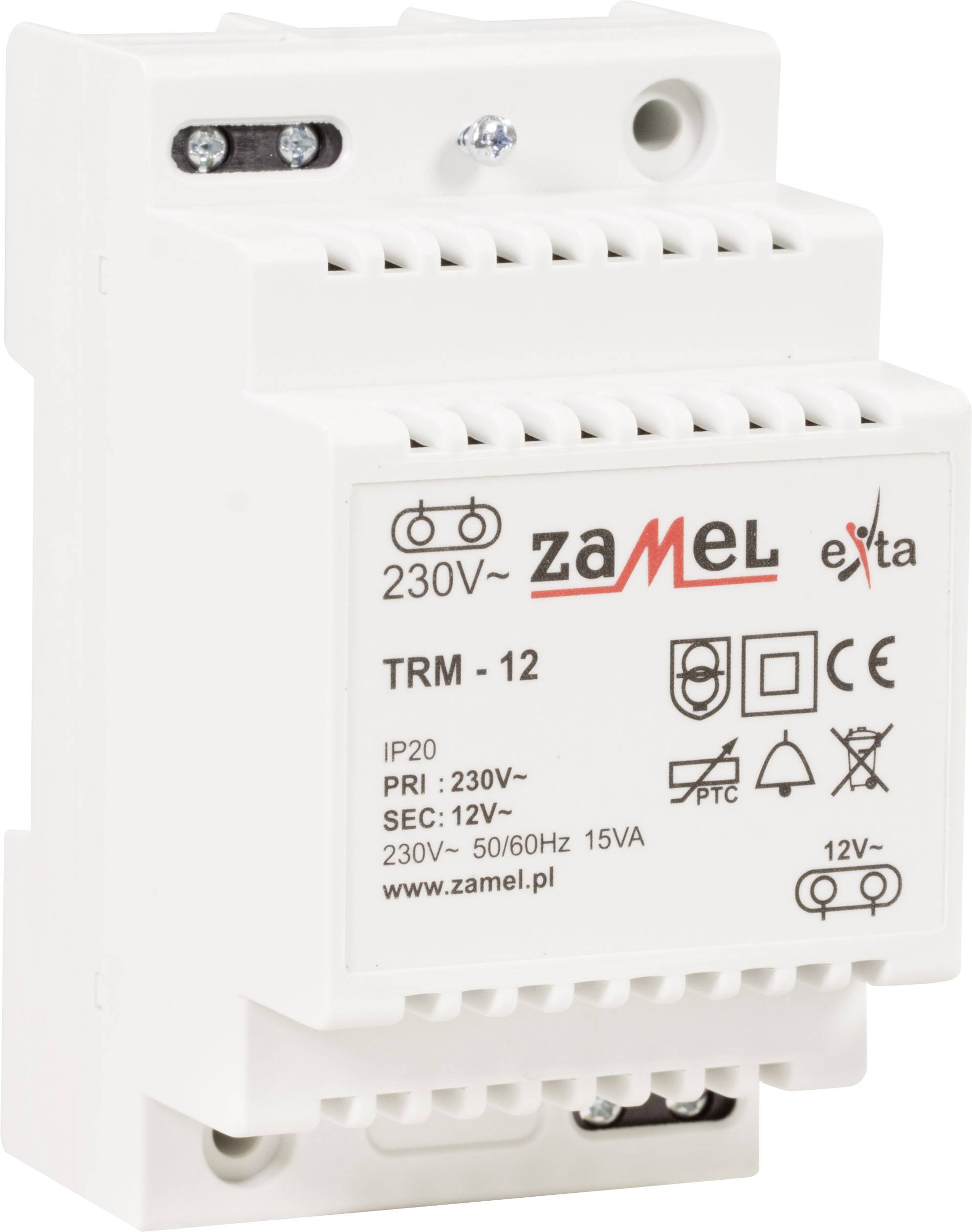 White Zamel extra TRM-12 transformer enclosure with technical specifications on the front, suitable for DIN rail mounting.