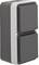 A double light switch in a grey casing with rectangular buttons. Suitable for indoor use.
