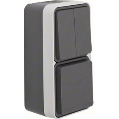 A double wall switch in grey with rounded edges and a white frame, suitable for indoor or outdoor use.