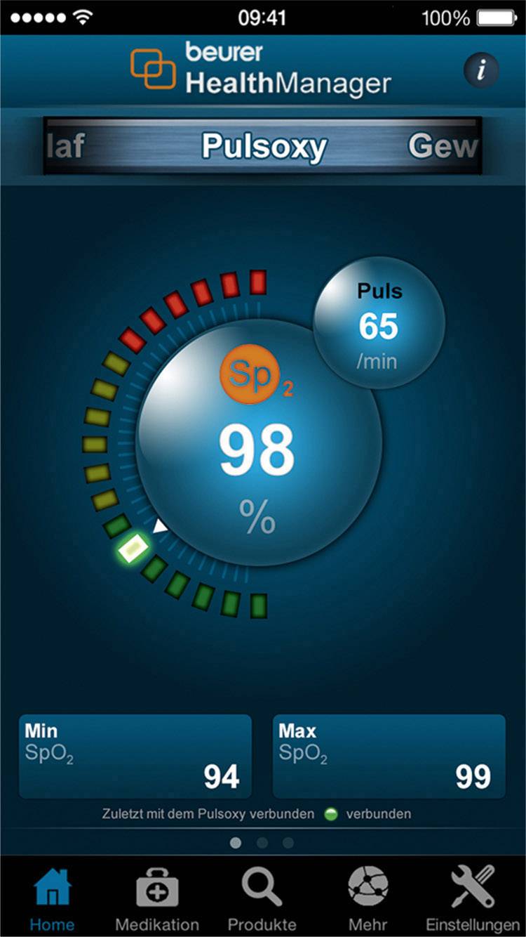 'Beurer HealthManager' app screen shows oxygen saturation SpO2 at 98% and pulse at 65/min. Connection to pulse oximeter active.
