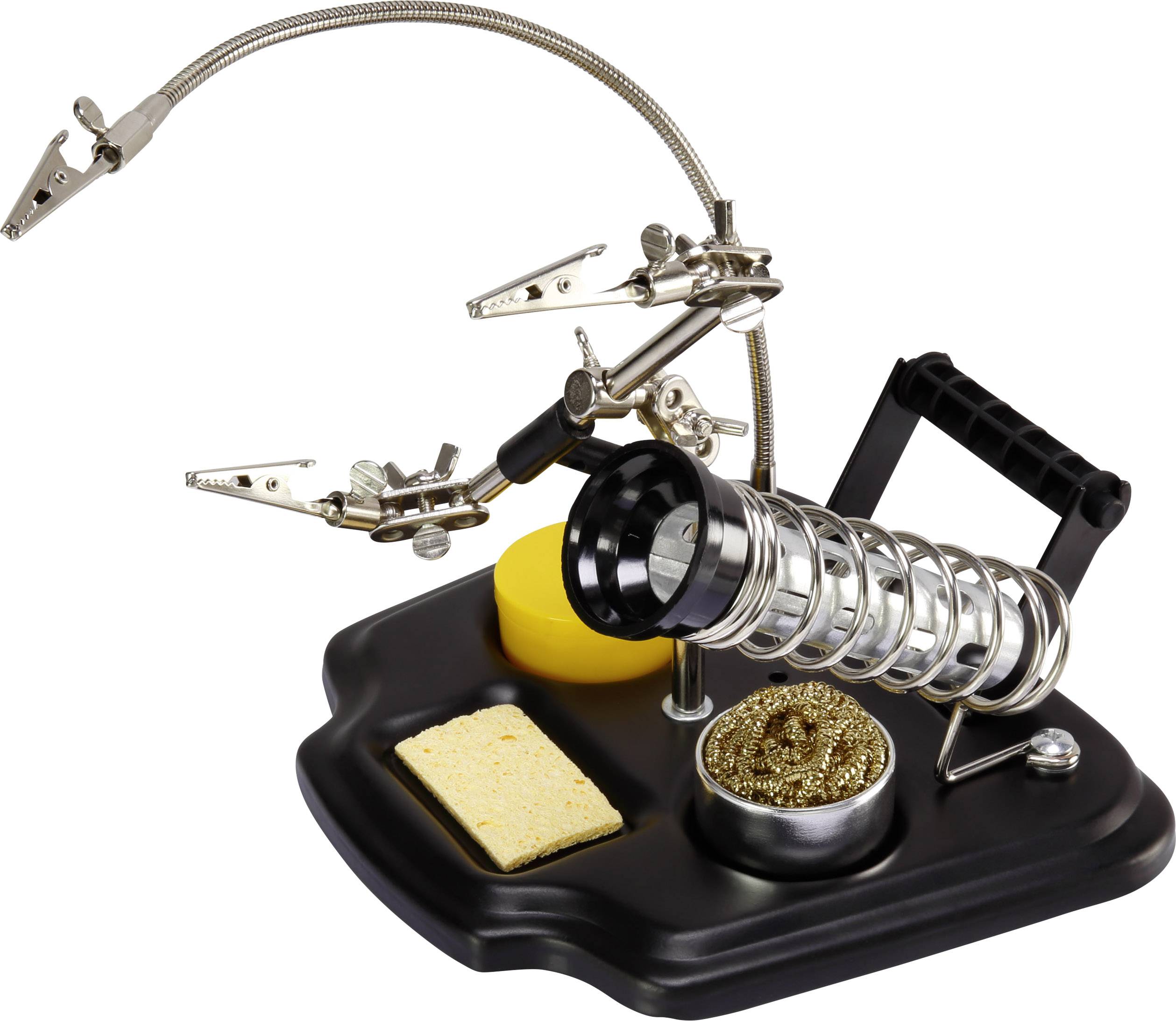 A soldering station with a flexible arm, two crocodile clips, solder reel, sponge and cleaning container on a black base.