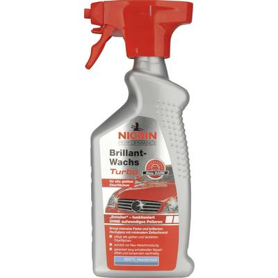 Spray bottle for car wax by the brand 'Nigrin'. Label promises gleaming protection for all smooth surfaces, especially cars.