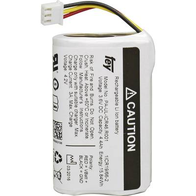 Lithium-ion battery with cable and plug. The label displays the model number, voltage, capacity, and safety warnings.