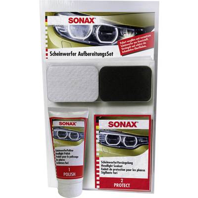 'Headlight Restoration Kit' by SONAX for the restoration and sealing of car headlights, with polish and sealing cloth.