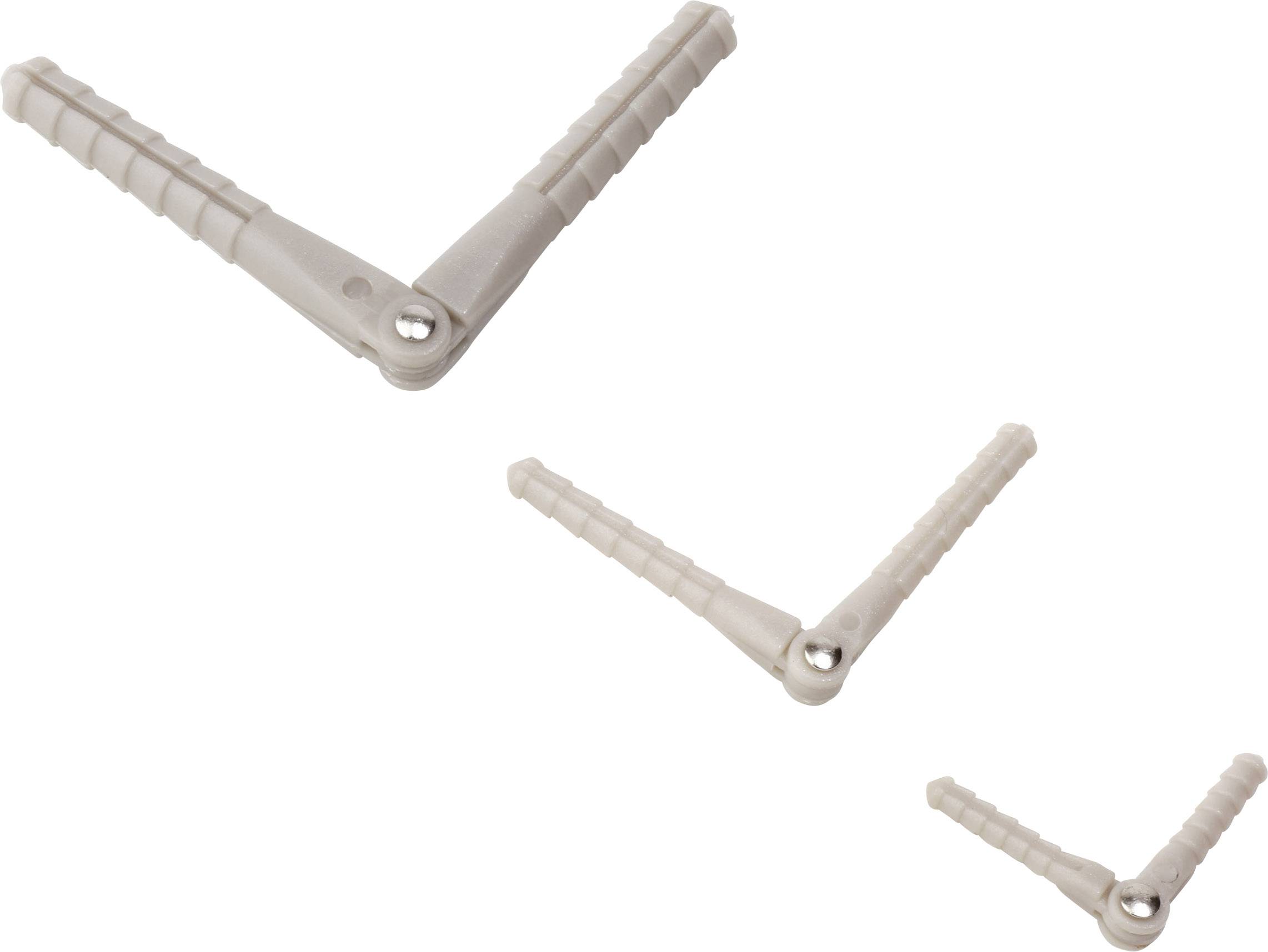 Three grey, foldable wall plugs in various sizes on a white background. They are opened in a V-shape, emphasising functionality.