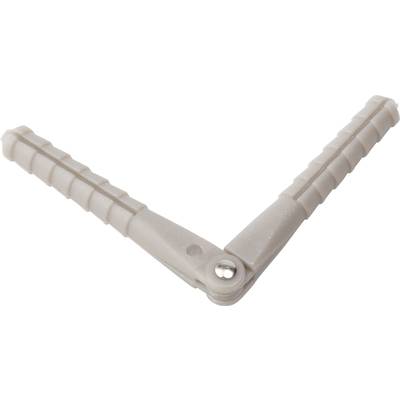 A white, foldable plastic hinge, opened at an angle of approximately 90 degrees, on a white background.
