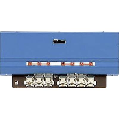 Blue electrical device with eight numbered ports. It appears to be used for data or telecommunications networking.<br><br>Note: This sounds like a description of a network switch or router, translated into natural British English.