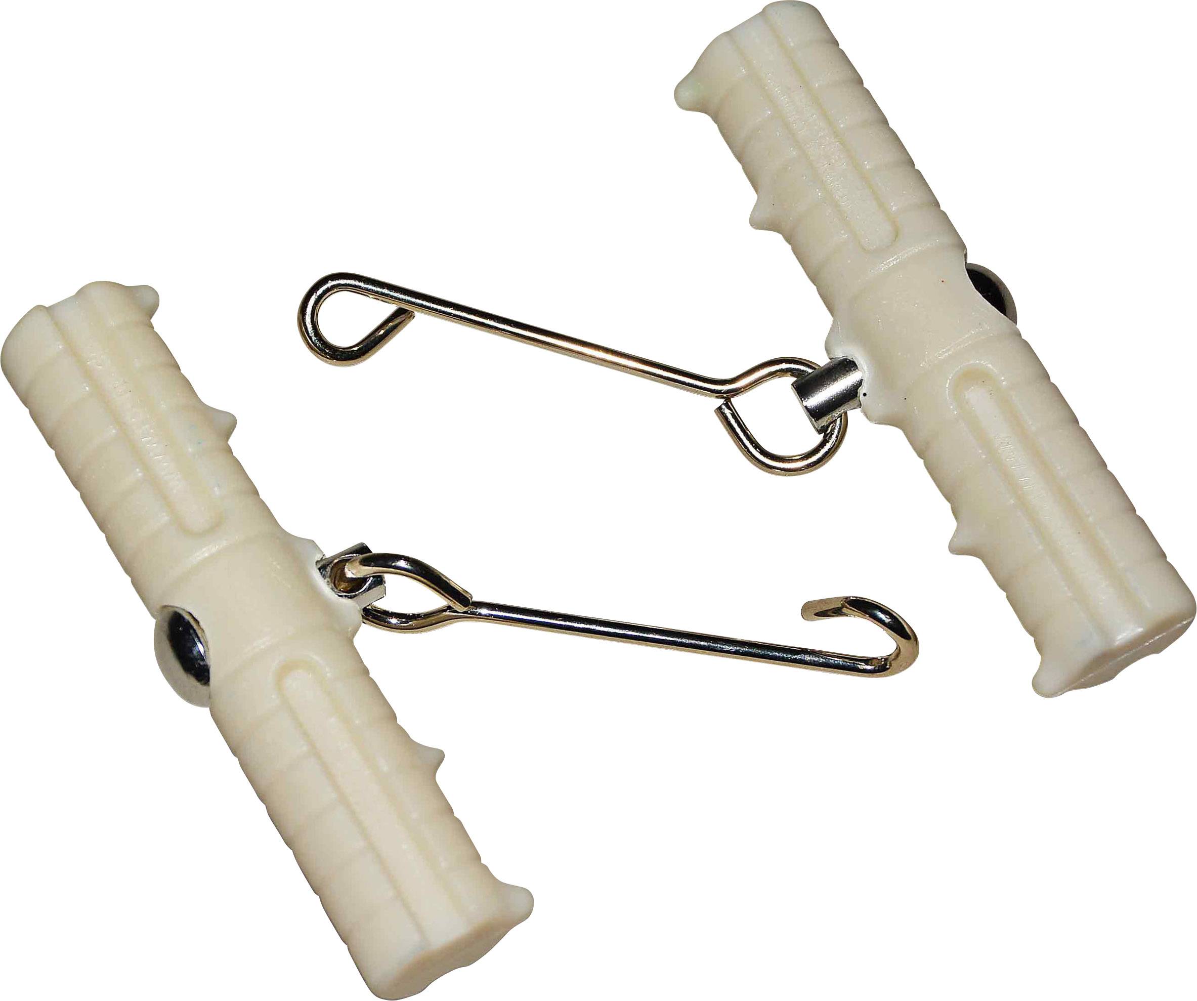 Two white plastic handles with metal hooks, commonly used for elastic straps or tent fastenings.