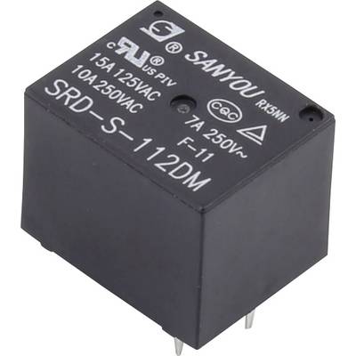 'Black Sanyou relay with inscription SRD-S-112DM, suitable for 15A 125VAC / 10A 250VAC, shows electrical specifications.'