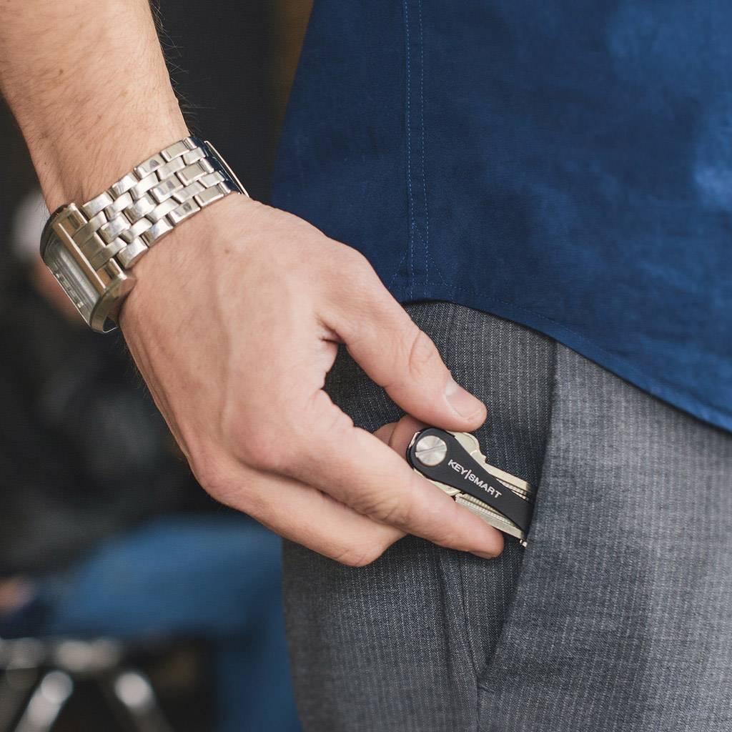 A hand is holding a bunch of keys. The person is wearing a wristwatch and putting their hand into the pocket of a grey pair of trousers.