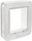 Cat flap in white, square with a transparent door and 'SUREFLAP' printed at the bottom. Suitable for pets.
