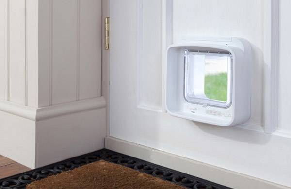 Cat flap in a white door next to a doormat. Allows pets to enter and exit independently.
