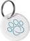 Round, white keychain with a turquoise paw print symbol.
