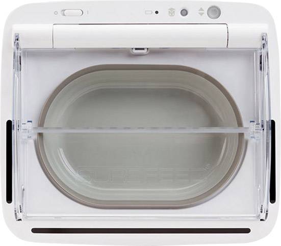 A plastic automatic pet feeder with a transparent lid and round feeding bowl, suitable for pets.