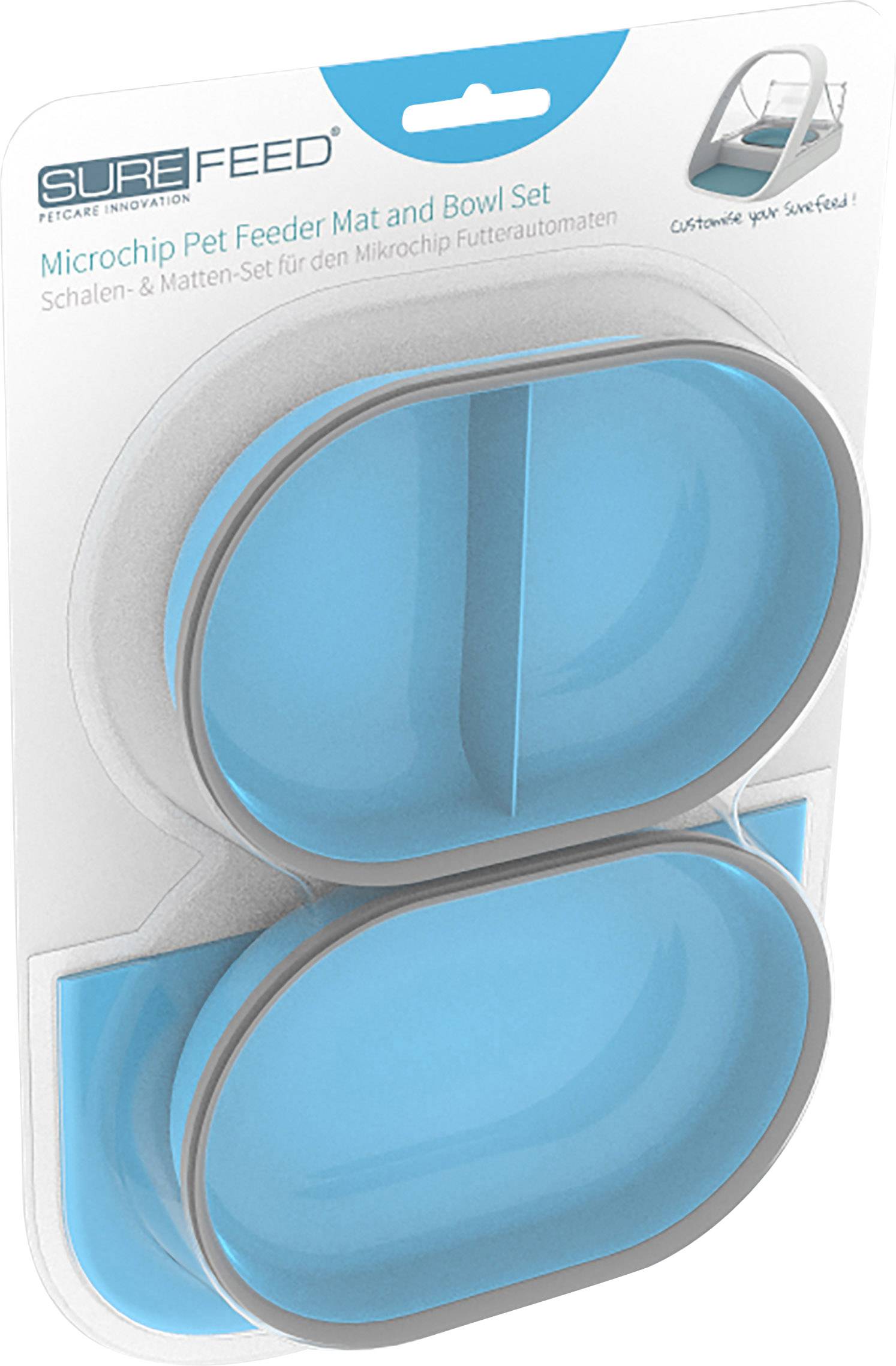Microchip Food Bowl Set in Blue, comprising a bowl and a mat, both divided. Packaging demonstrates customisation options.