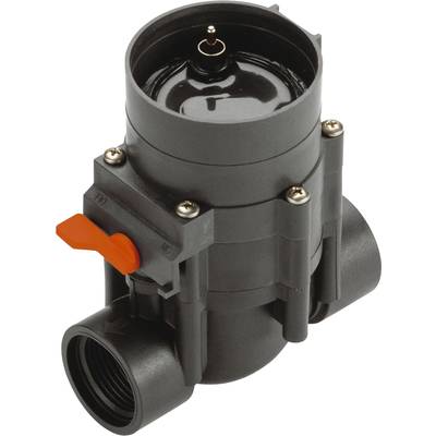 Black plastic valve with red lever, 90-degree angle, two connections. Used for controlling liquid or gas flows.