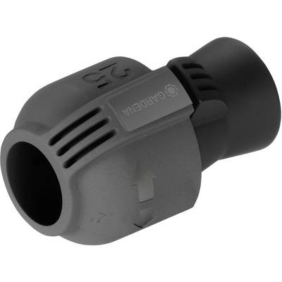 A grey plastic hose connector with the 'GARDENA' print and arrows indicating a direction.