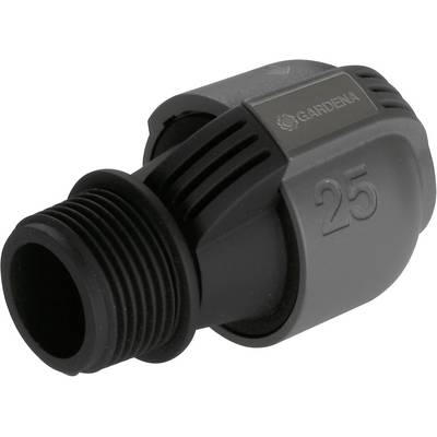 Gardena water connection piece made of grey plastic with '25' inscription, used for connecting irrigation systems.