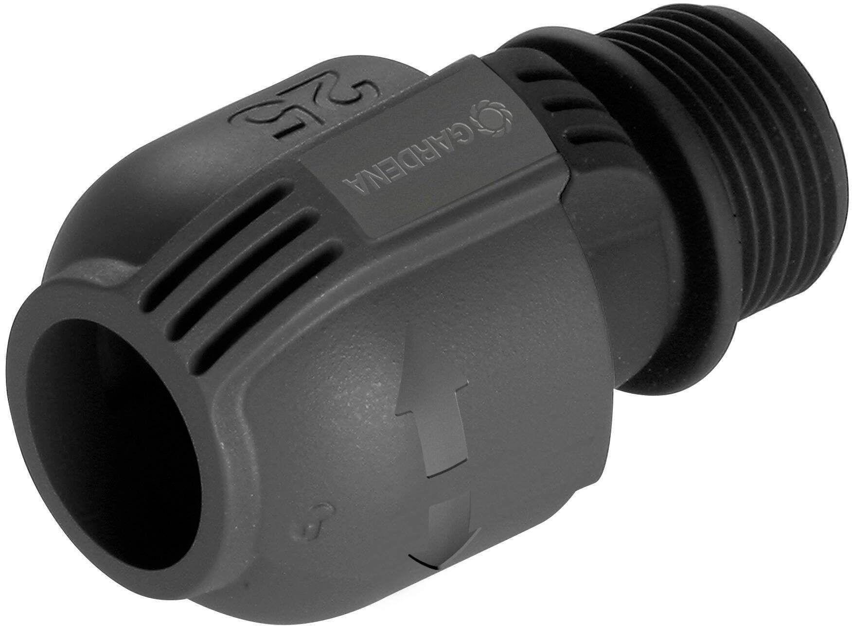 Grey plastic pipe connector with screw thread and arrow symbols indicating flow direction.