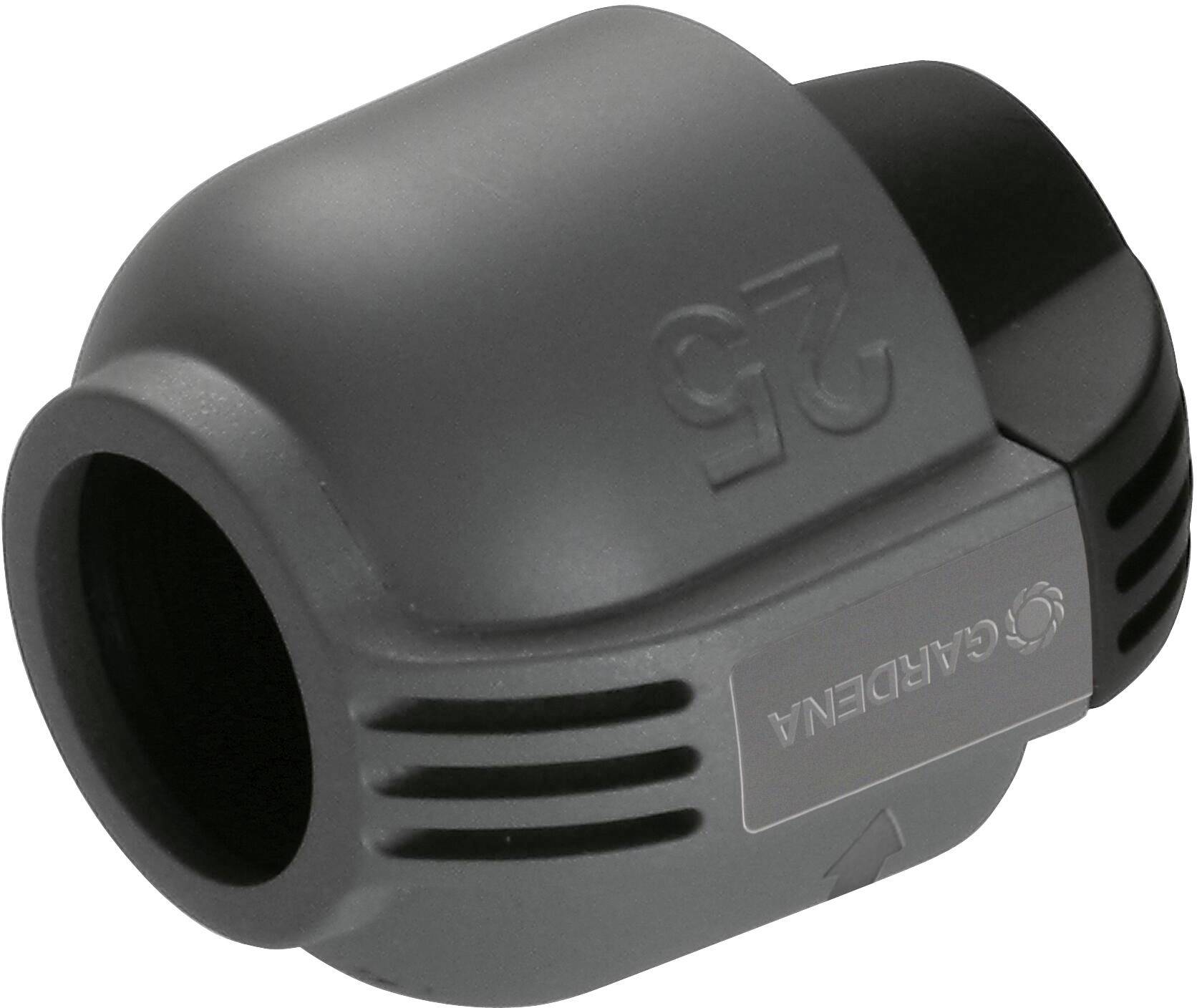 Black plastic pipe fitting with a ribbed finish, with the numbers '25' and the 'GARDENA' logo visible. Suitable for irrigation systems.