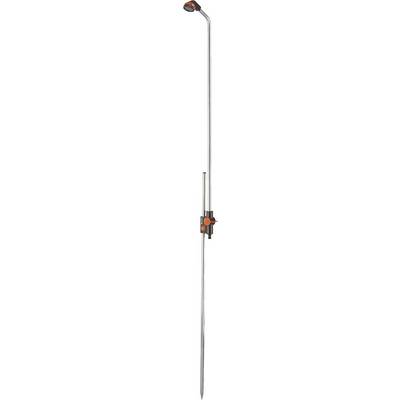 An adjustable, silver-coloured metal plant support with a black and orange clip for supporting garden plants.