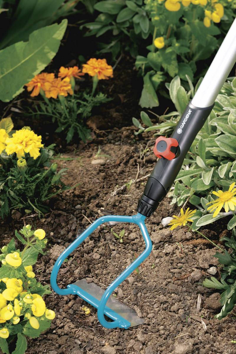 A garden trowel works the soil between blooming yellow and orange flowers.