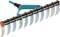 Garden tool with multiple curved blades and a blue handle, used for aerating or scarifying lawn areas.
