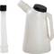 Plastic jerry can with handle and black screw cap, alongside a removable flexible spout with black lid.
