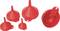 Four red funnels in different sizes, lying side by side, with another set stacked on top of each other to the right.