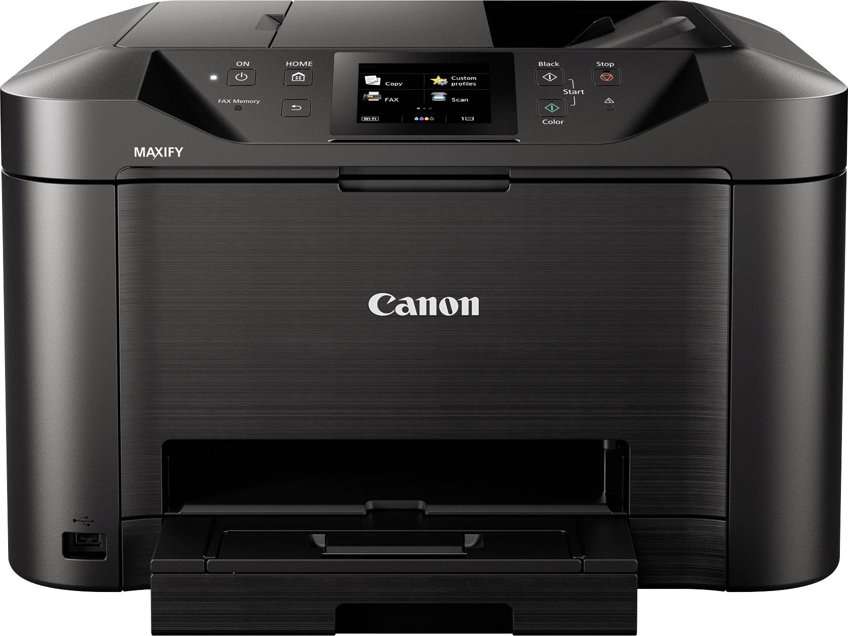 A black multifunction printer on a table. The display shows various options. The brand is visible on the front.