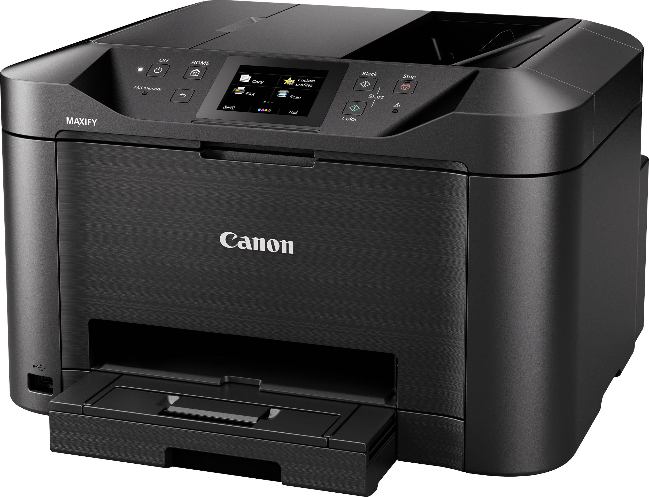A black Canon MAXIFY printer with control panel and paper output tray open at the front.