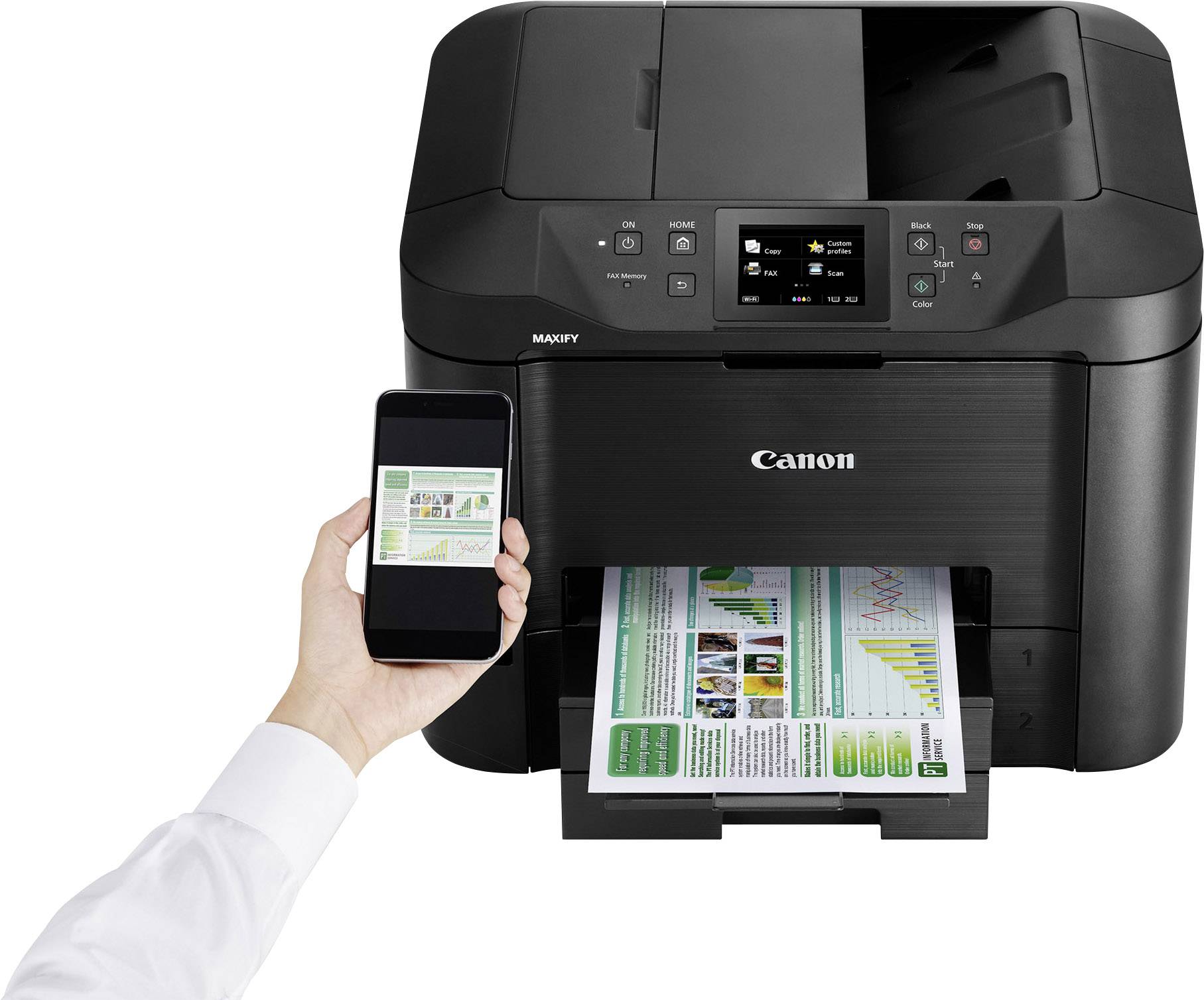 A wireless printer prints a colour page, while a hand holds a smartphone showing the print preview.