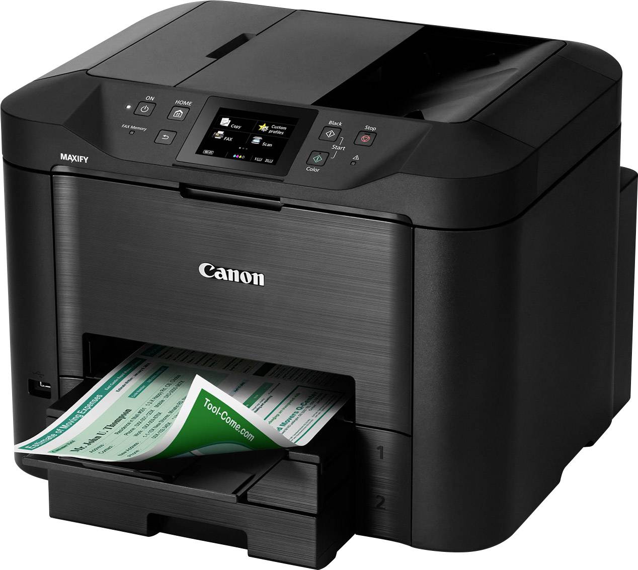A black printer is printing a document with green text. Brand visible on the front, several control buttons on the top.