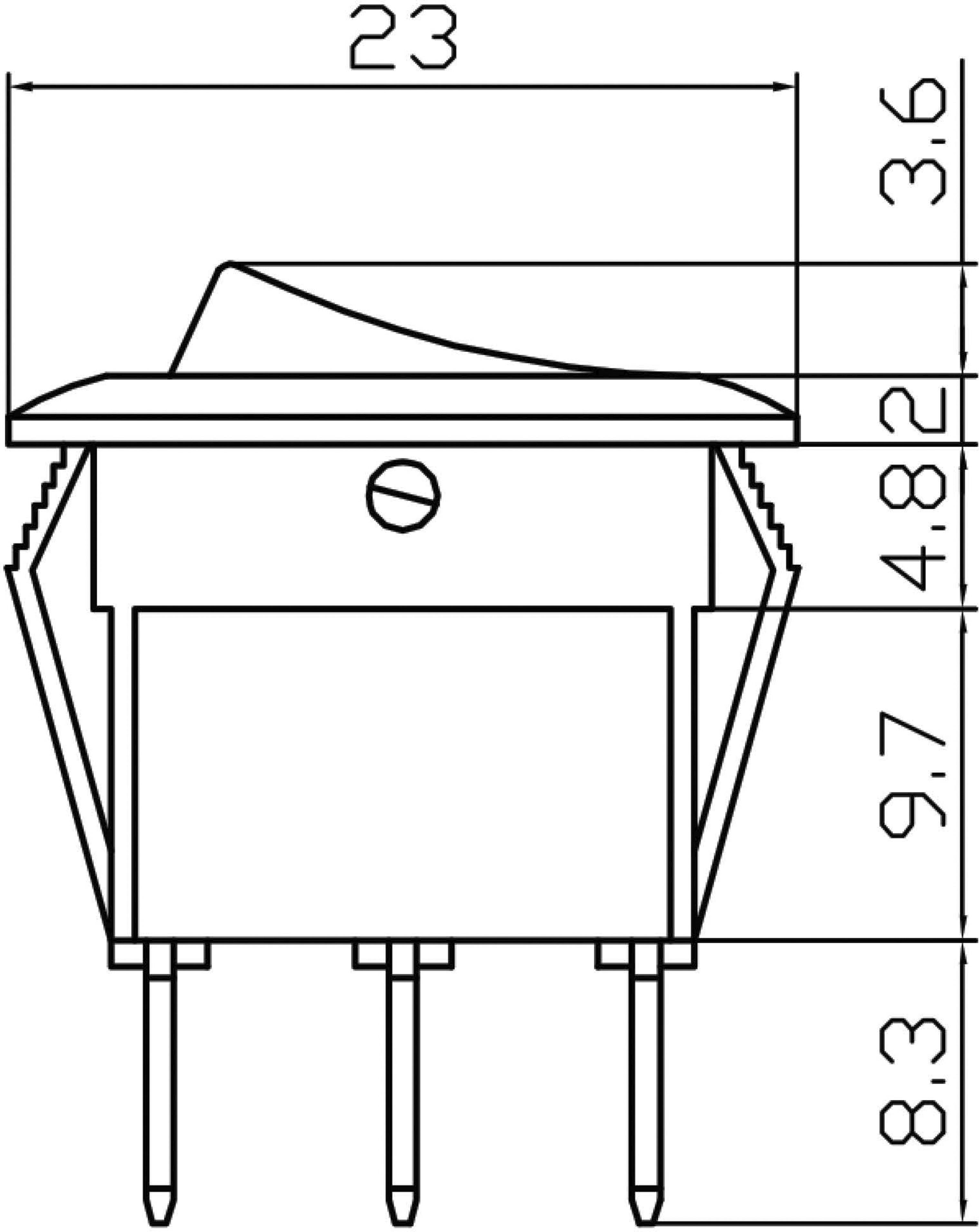 Technical Drawing of a Switch with Dimensions: Width 23 mm, Height 3.6 mm, Overall Height 9.7 mm, Depth 8.3 mm.