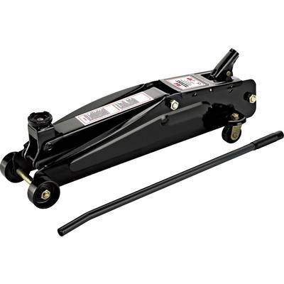 A black hydraulic jack with a lever, mounted on small wheels, suitable for lifting vehicles for repairs or maintenance.