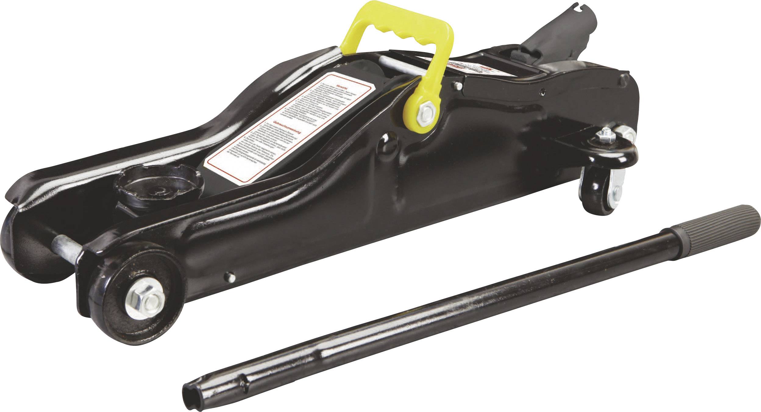 A black jack with a yellow handle and a removable lever is lying on a white background.