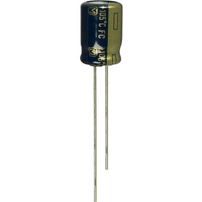 A blue and gold-coloured electrolytic capacitor with two long metal leads. Marking: '105 °C FC'.
