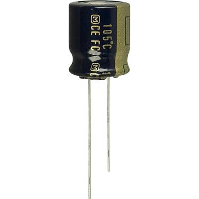 'A black cylindrical electrolytic capacitor with two metal terminals, with yellow markings visible on its surface.'