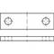 Technical drawing of a component with two circular holes and a rectangular body. Side view below.
