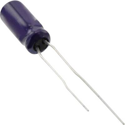 A blue electrolytic capacitor with two long metal leads, positioned horizontally, for electronic circuits.