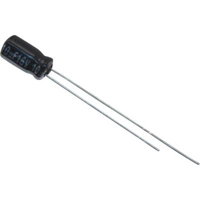 A black electrolytic capacitor with two long connecting wires, used in electronic circuits.