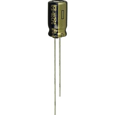 A cylindrical electrolytic capacitor with two wire leads, black and gold, for electronic circuits.