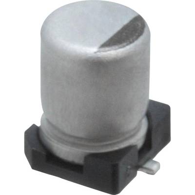 A cylindrical, silver capacitor with a black base, connected laterally, on a white background.