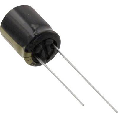 Electrolytic capacitor with a black casing and two protruding connection leads, commonly used in electronic circuits.