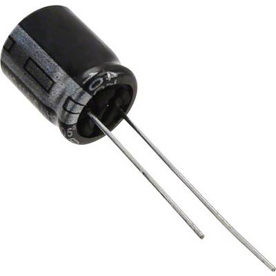 Electrolytic capacitor in cylindrical form with two wire terminals. Used for energy storage in electronic circuits.