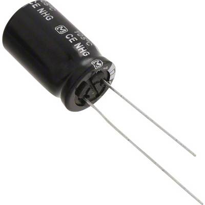Black electrolytic capacitor with two long leads, technical designations and logos on the surface.