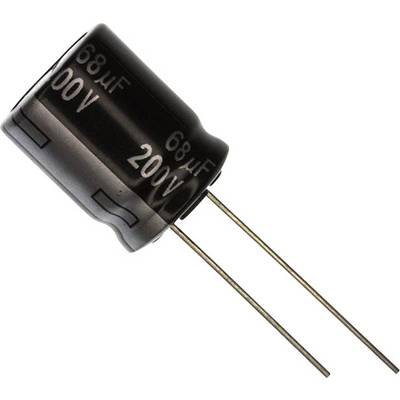 A black electrolytic capacitor marked '68 µF 200V' with two long connecting leads.
