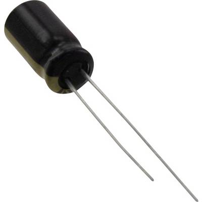 A cylindrical, black electrolytic capacitor with two wire connections protruding from the underside.