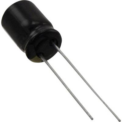 A black, cylindrical electrolytic capacitor with two long metal leads for connection in electronic circuits.